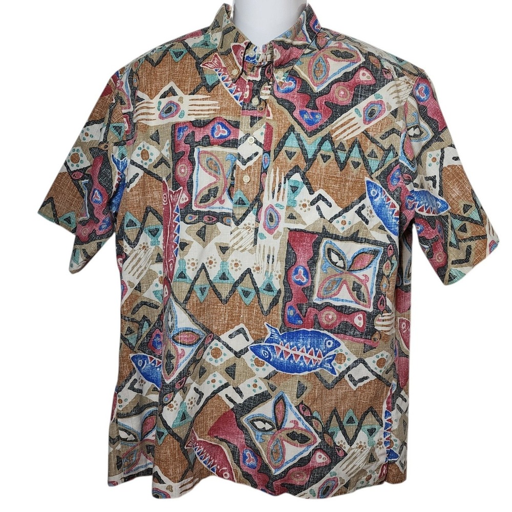 Reyn Spooner XL Pullover Hawaiian Shirt Tribal Fish Reverse Print Spooner Kloth